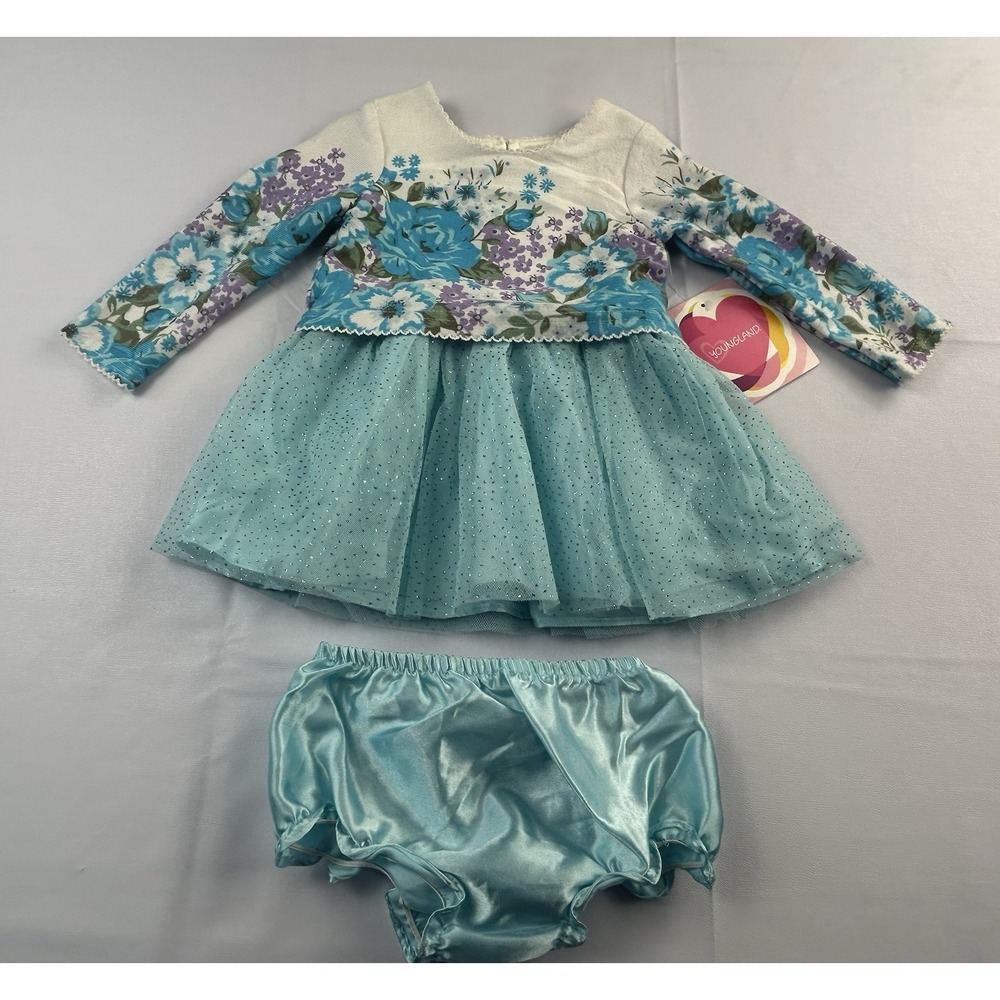 Youngland Baby Girls 18M Floral Tulle Dress Bloomers Blue Sparkle Easter